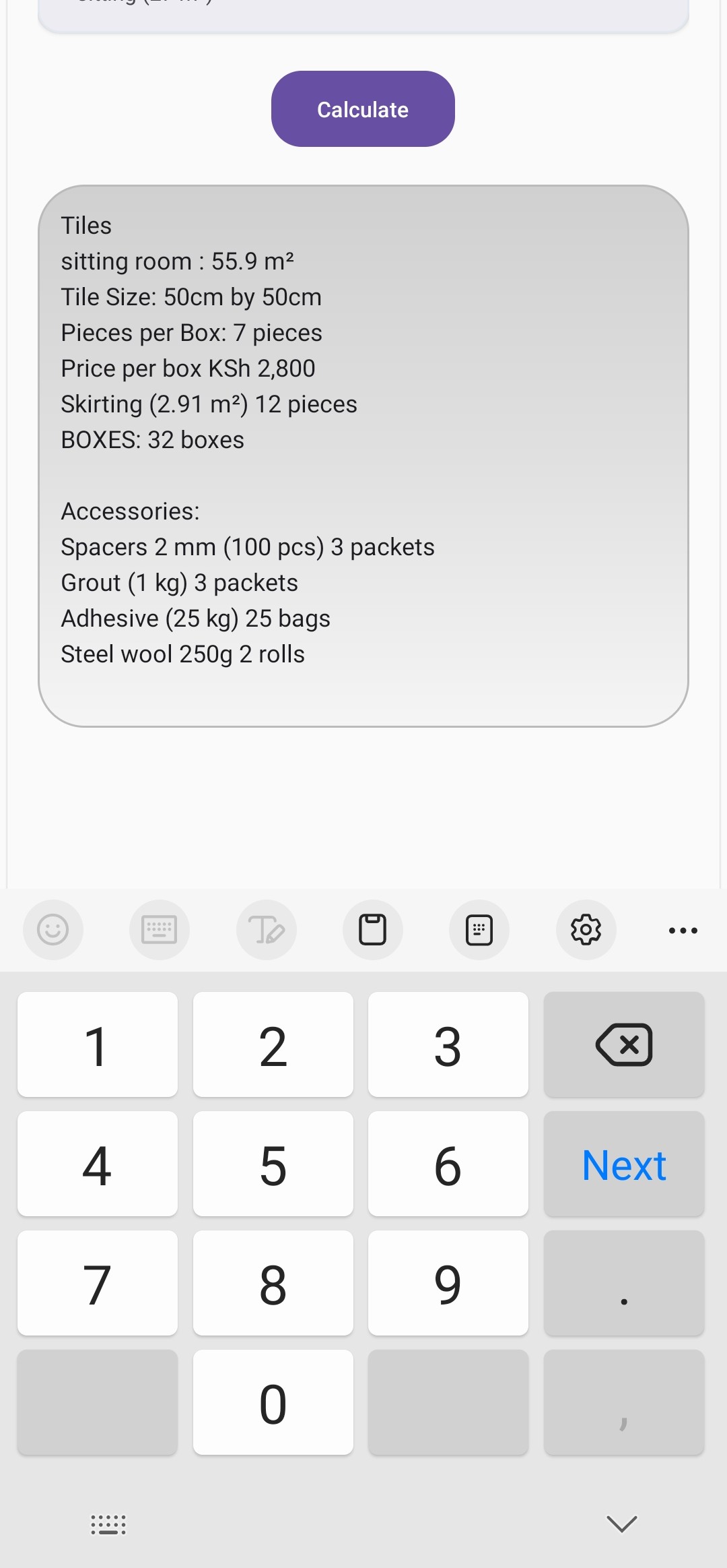 Tiler Quote material calculation showing tiles, adhesive, grout, spacers and steel wool