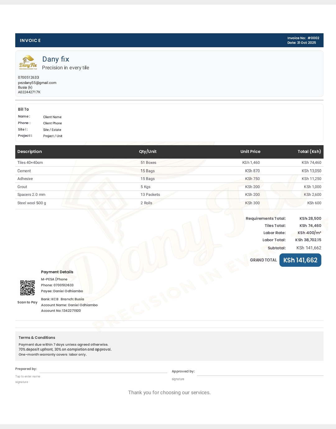 Premium tiling invoice PDF with watermark, QR and KSh totals.