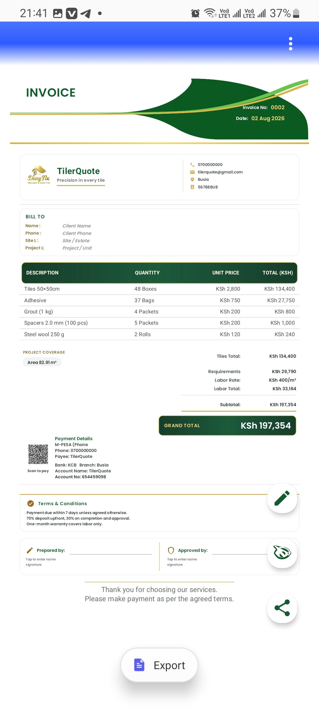 Professional invoice created with Tiler Quote