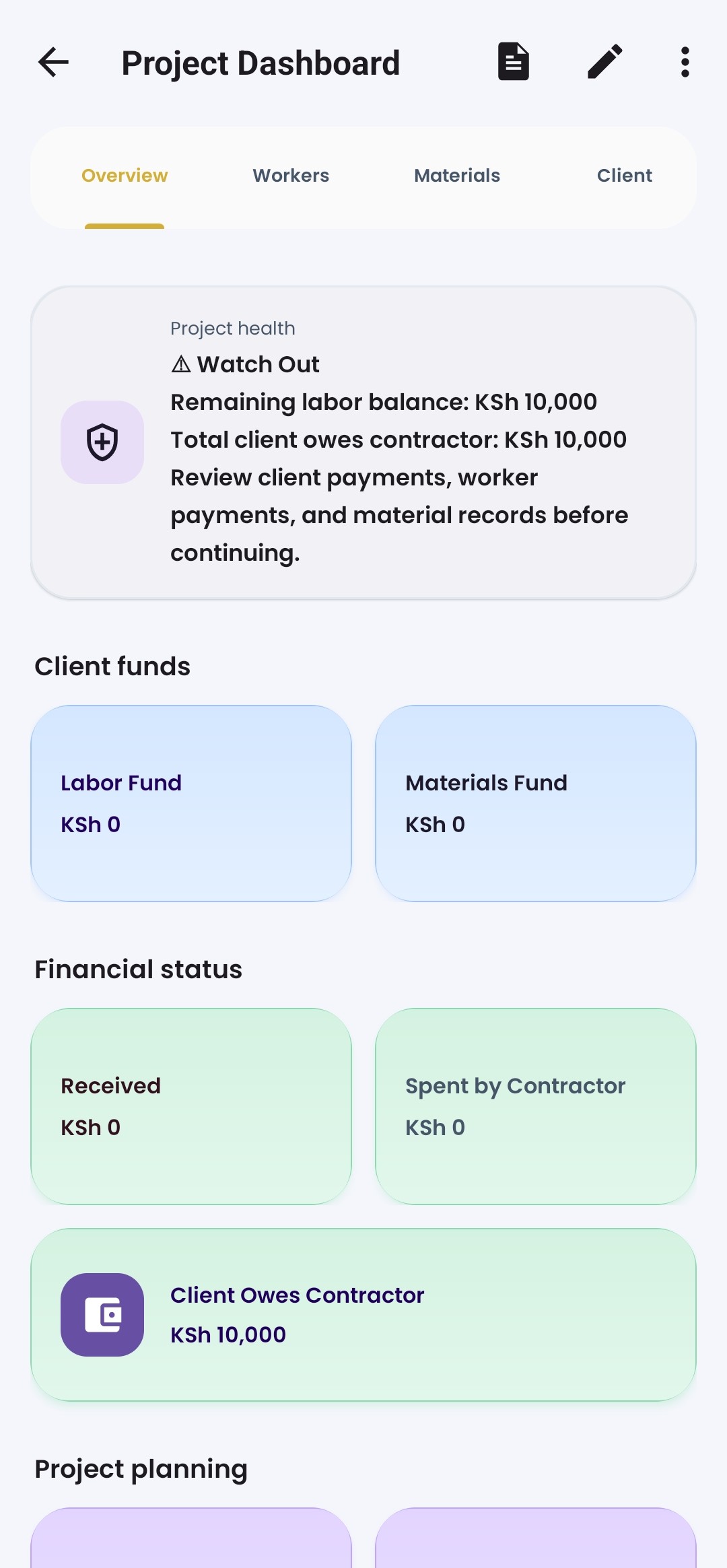 Tiler Quote Project Dashboard showing client funds, financial status and project planning