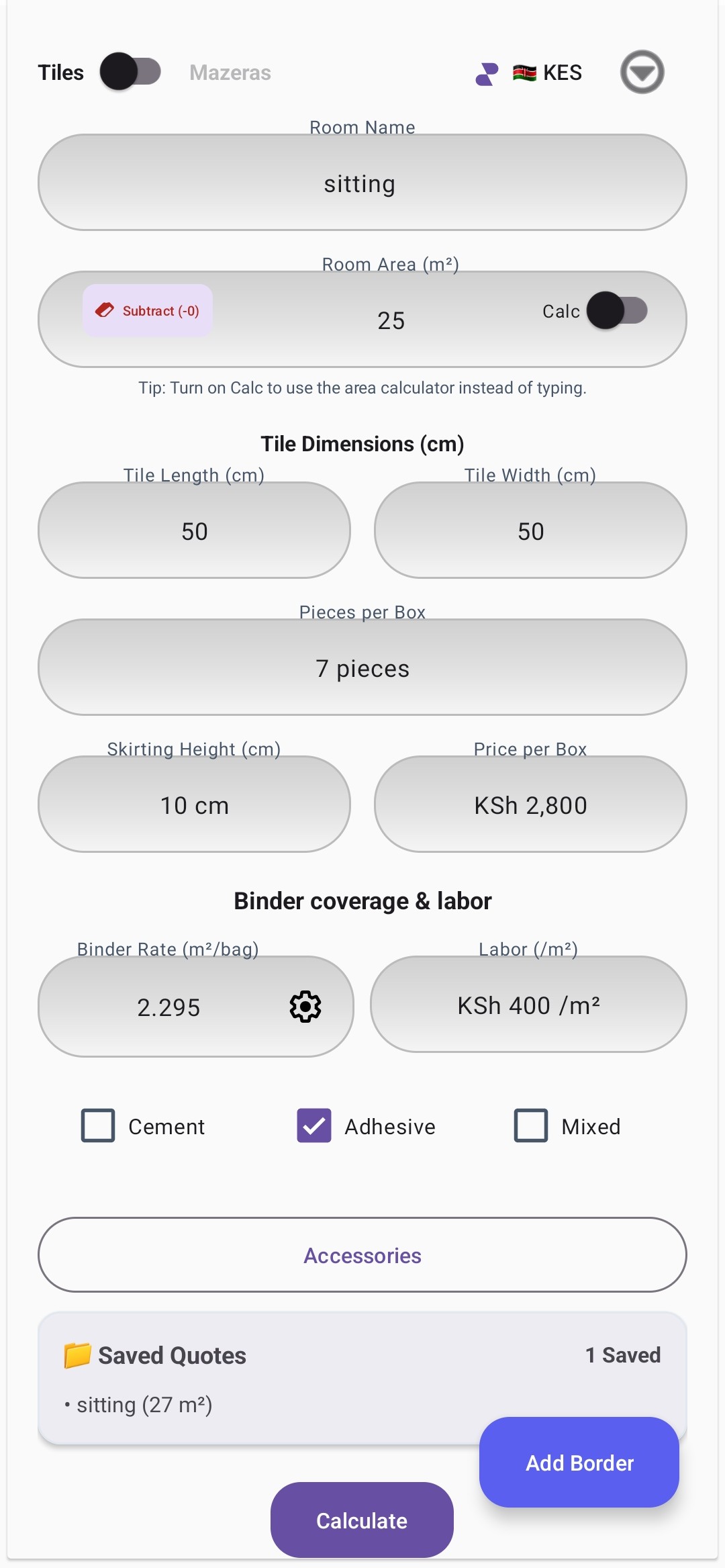Tiler Quote tile calculator with room, tile, binder and labour inputs