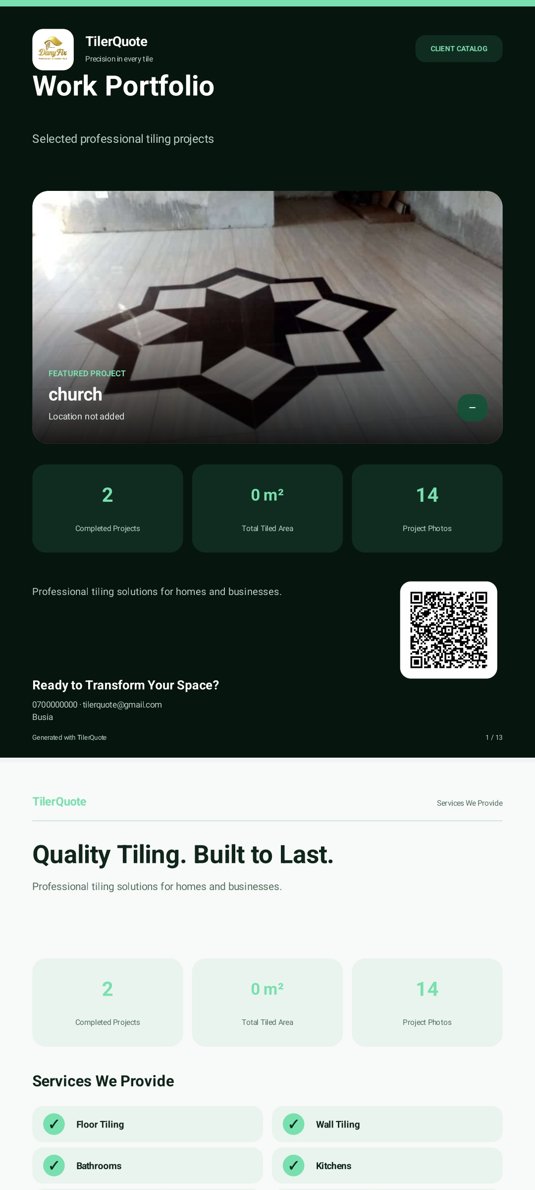 Tiler Quote professional Work Portfolio and Client Catalog